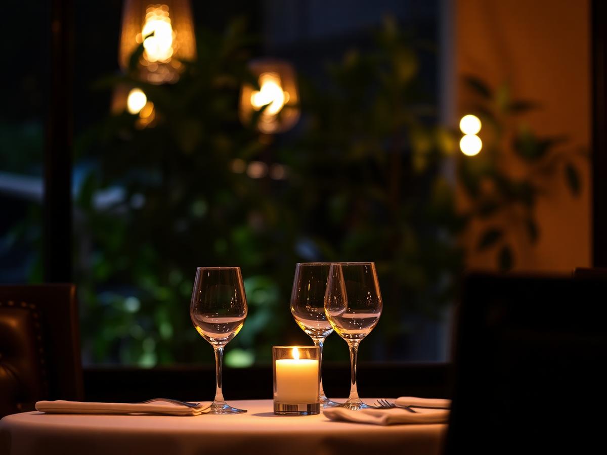 Mesa posta à luz de velas no ambiente do restaurante