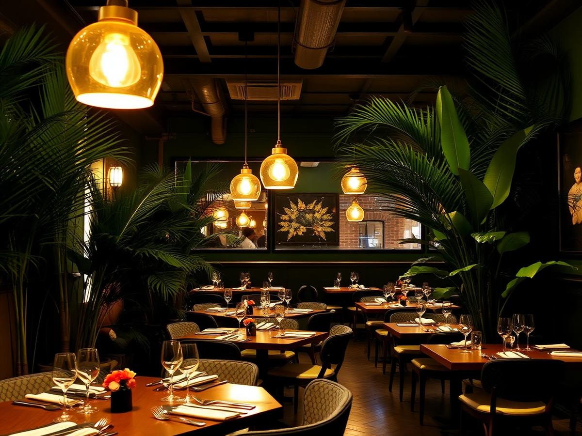 Salão do Selva's Restaurante à noite com iluminação aconchegante