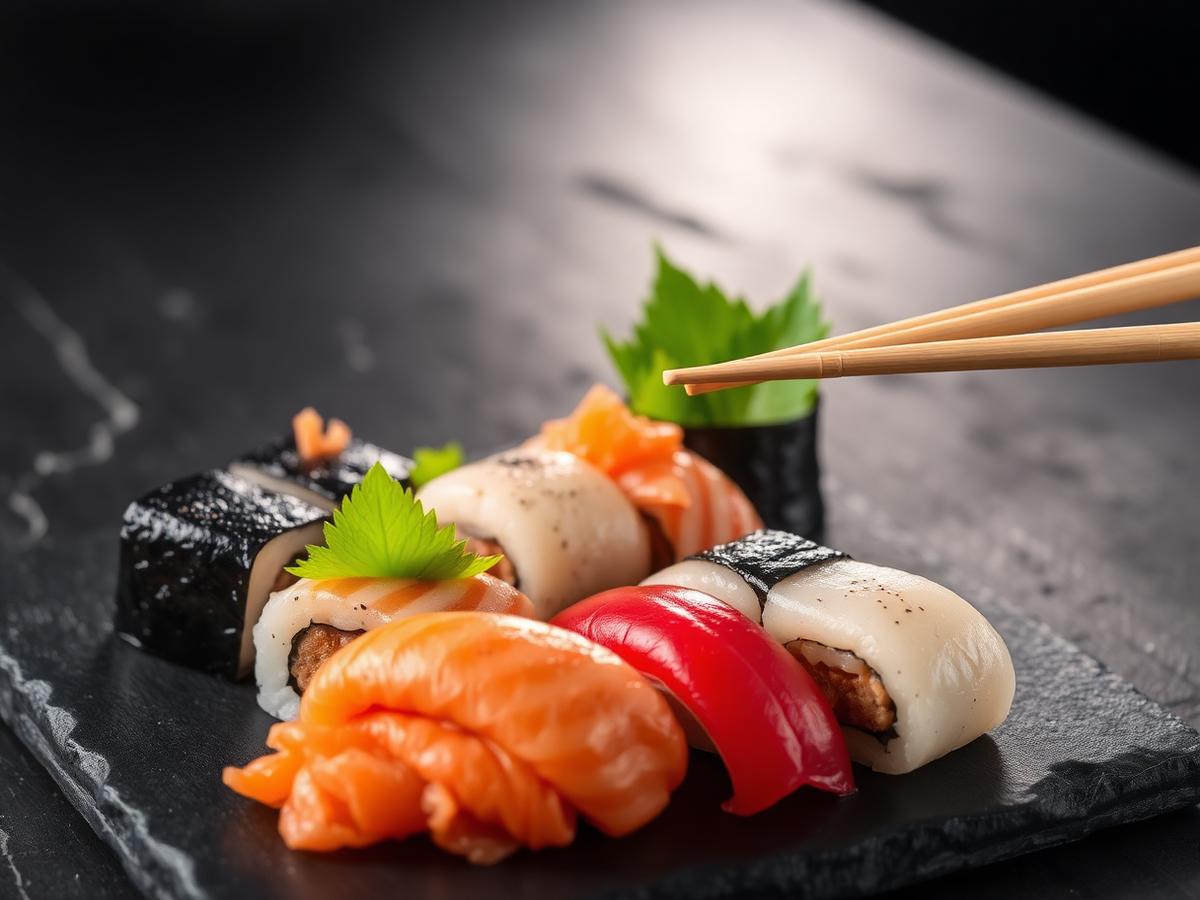 Sashimis e niguiris em prato de ardósia